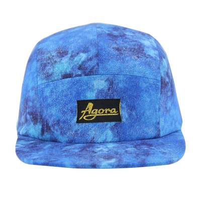 Disesuaikan 5 Panel Camp Caps Dengan Semua Over Sublimation Printing Dan Woven Patch Logo