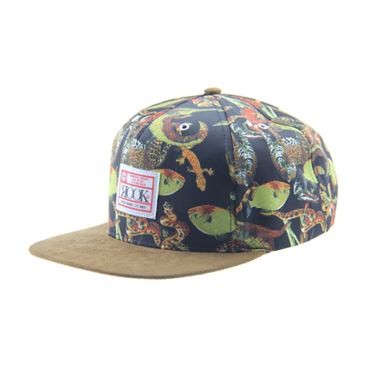 Custom Printing Camp Snapback 5 Panel Cap Dengan Visor Suede / Tali Kulit