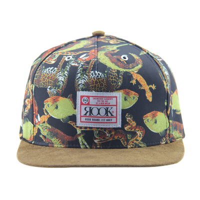 Custom Printing Camp Snapback 5 Panel Cap Dengan Visor Suede / Tali Kulit