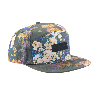 100% poliester 7 Panel Snapback Custom Camp Hat Dengan Logo Patch Kulit Di Depan