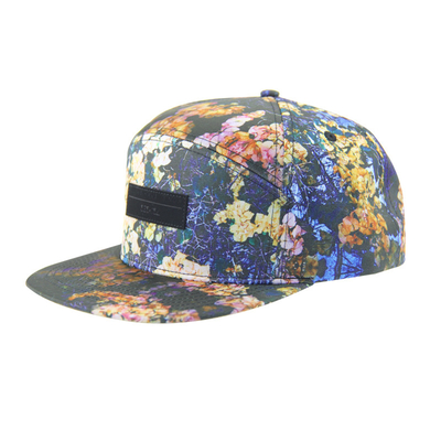 100% poliester 7 Panel Snapback Custom Camp Hat Dengan Logo Patch Kulit Di Depan
