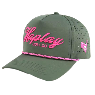 3D bordir Outdoor Baseball Cap Dengan Jalur Tenun Di Depan Dan Lubang Laser Di Belakang