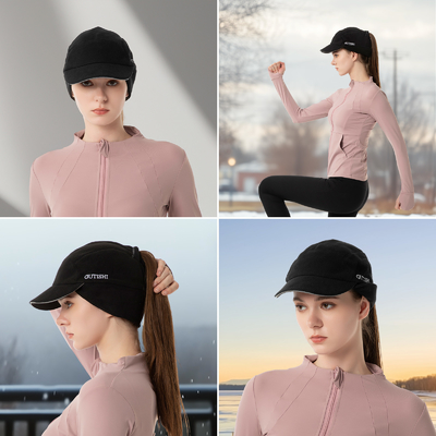 Fleece Ponytail Hat untuk Wanita Reflektif Musim Dingin Hat dengan Drop Down Ear Warmer