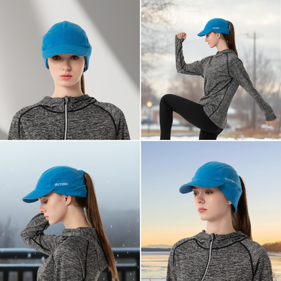 Fleece Ponytail Hat untuk Wanita Reflektif Musim Dingin Hat dengan Drop Down Ear Warmer