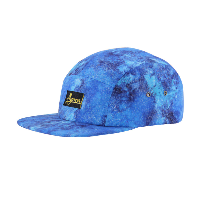 Disesuaikan 5 Panel Camp Caps Dengan Semua Over Sublimation Printing Dan Woven Patch Logo