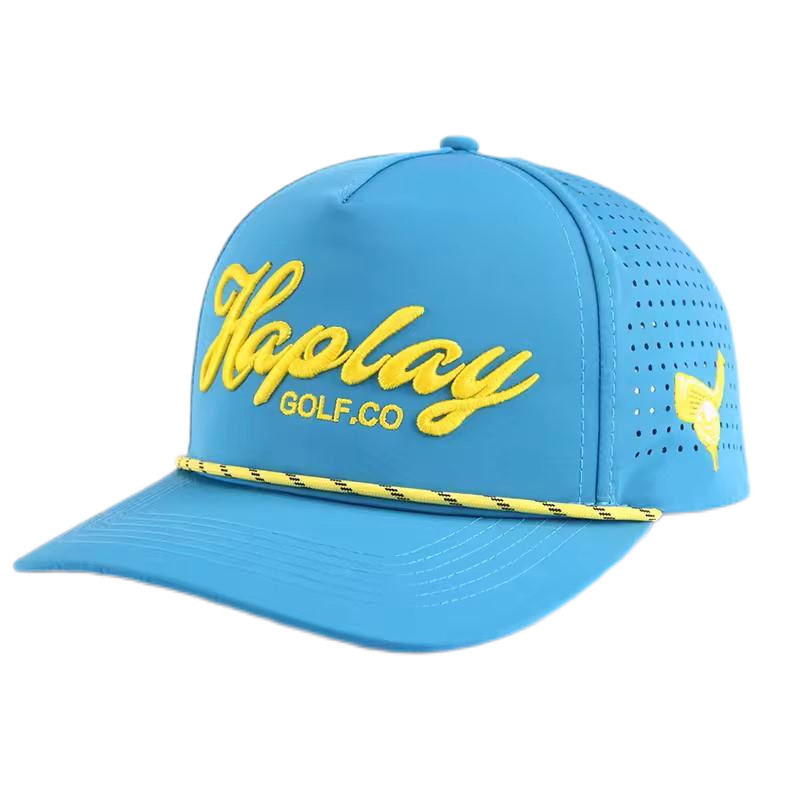 3D bordir Outdoor Baseball Cap Dengan Jalur Tenun Di Depan Dan Lubang Laser Di Belakang
