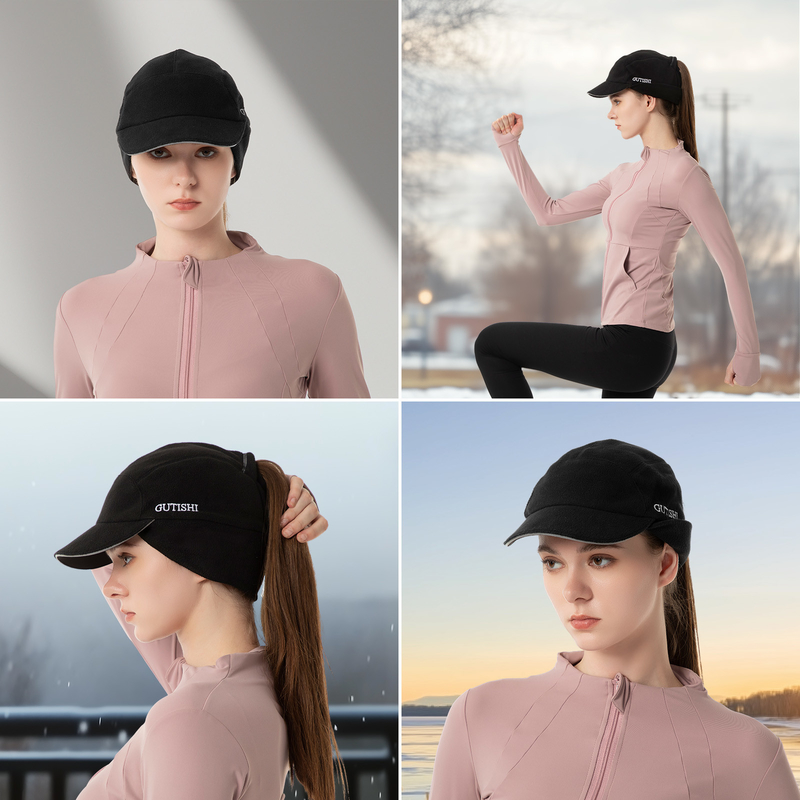 Fleece Ponytail Hat untuk Wanita Reflektif Musim Dingin Hat dengan Drop Down Ear Warmer